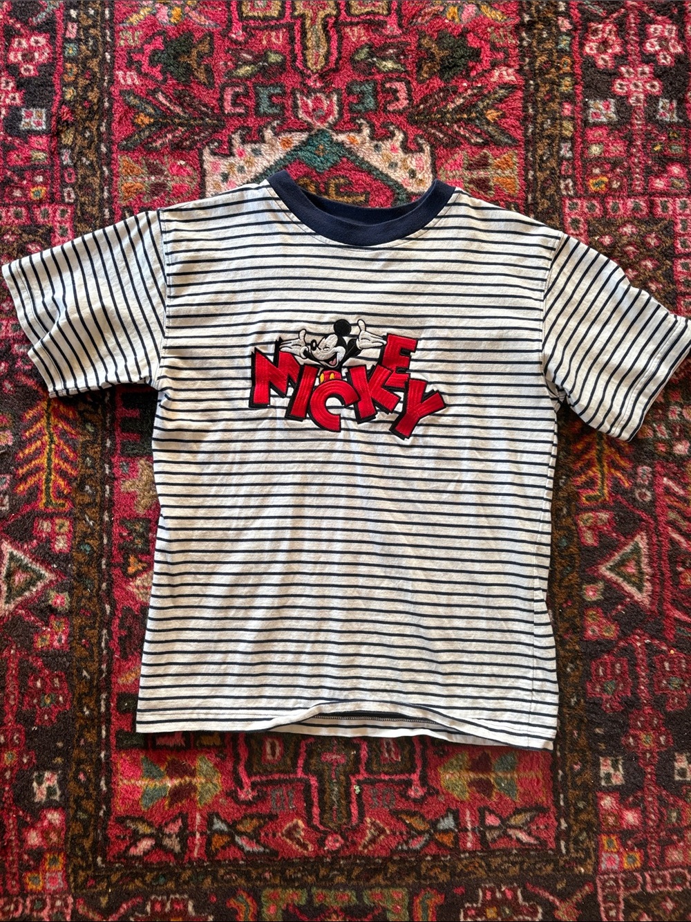 Euc vintage Mickey Mouse Striped Kids Tee - White & Navy